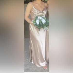 Revelry “ Skye Satin Dress” in color “Gold Champagne”.